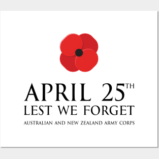 Anzac day remembrance day 25th April Australian and New Zealand Army Corps with poppy flower - lest we forget black1 Posters and Art